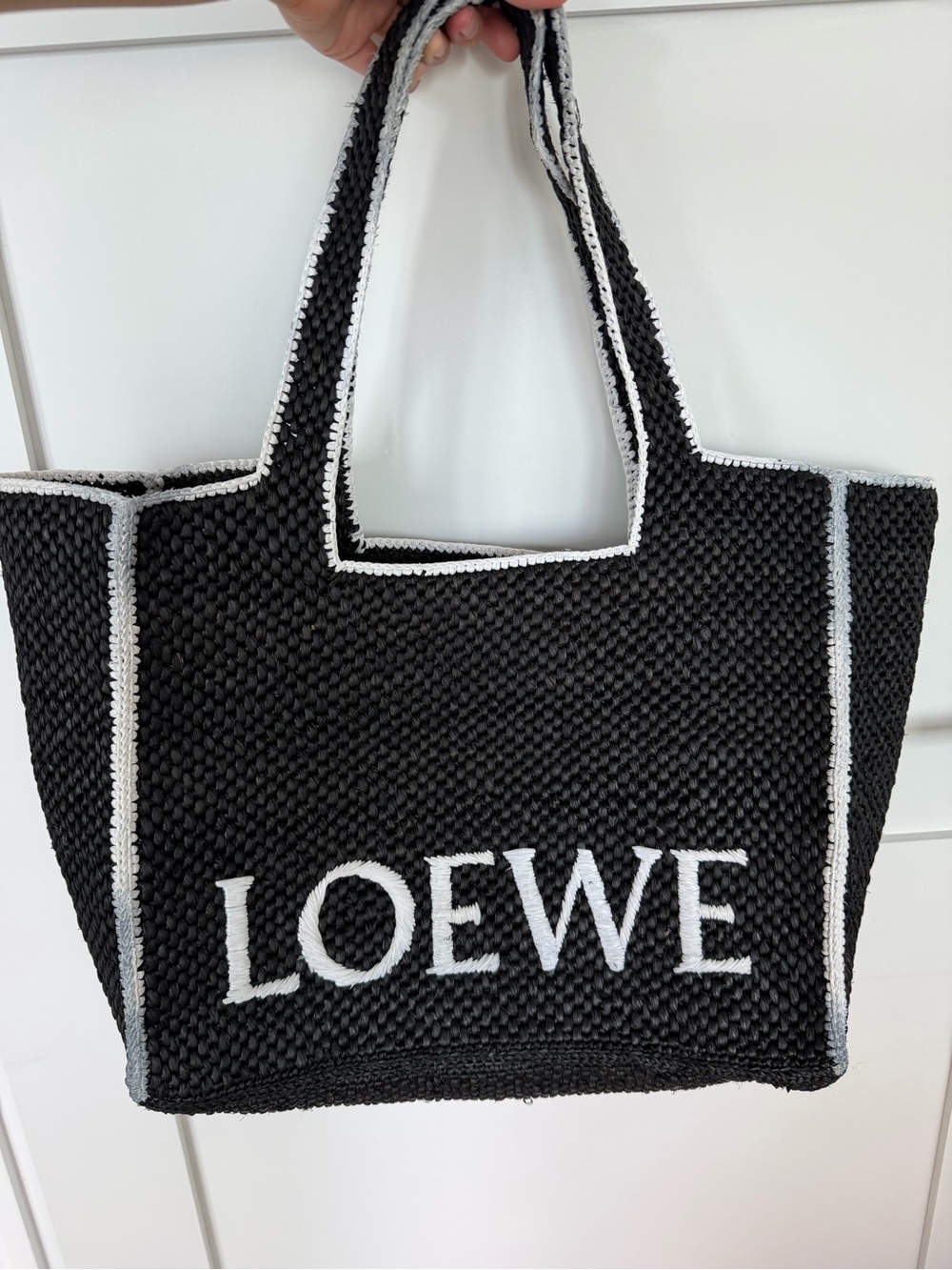 Loewe Black Crochet Tote with White Logo Trim